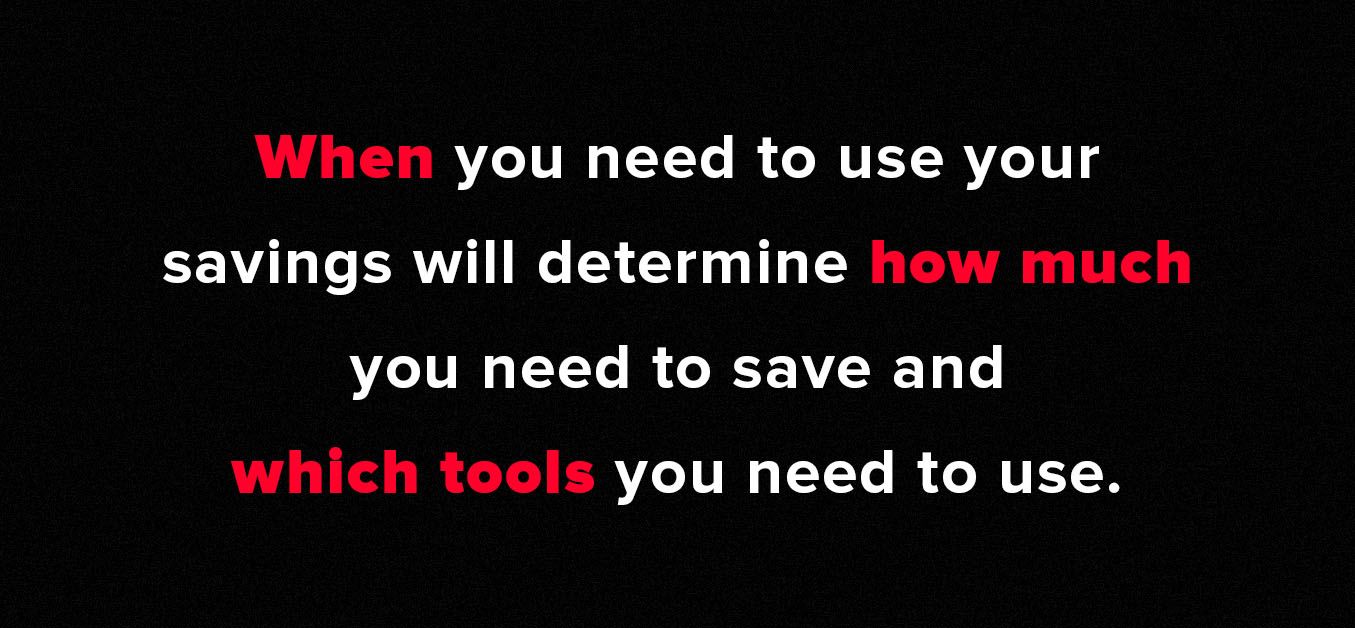 Graphic with the text: When you need to use your savings will determine how much you need to save and which tools you need to use.