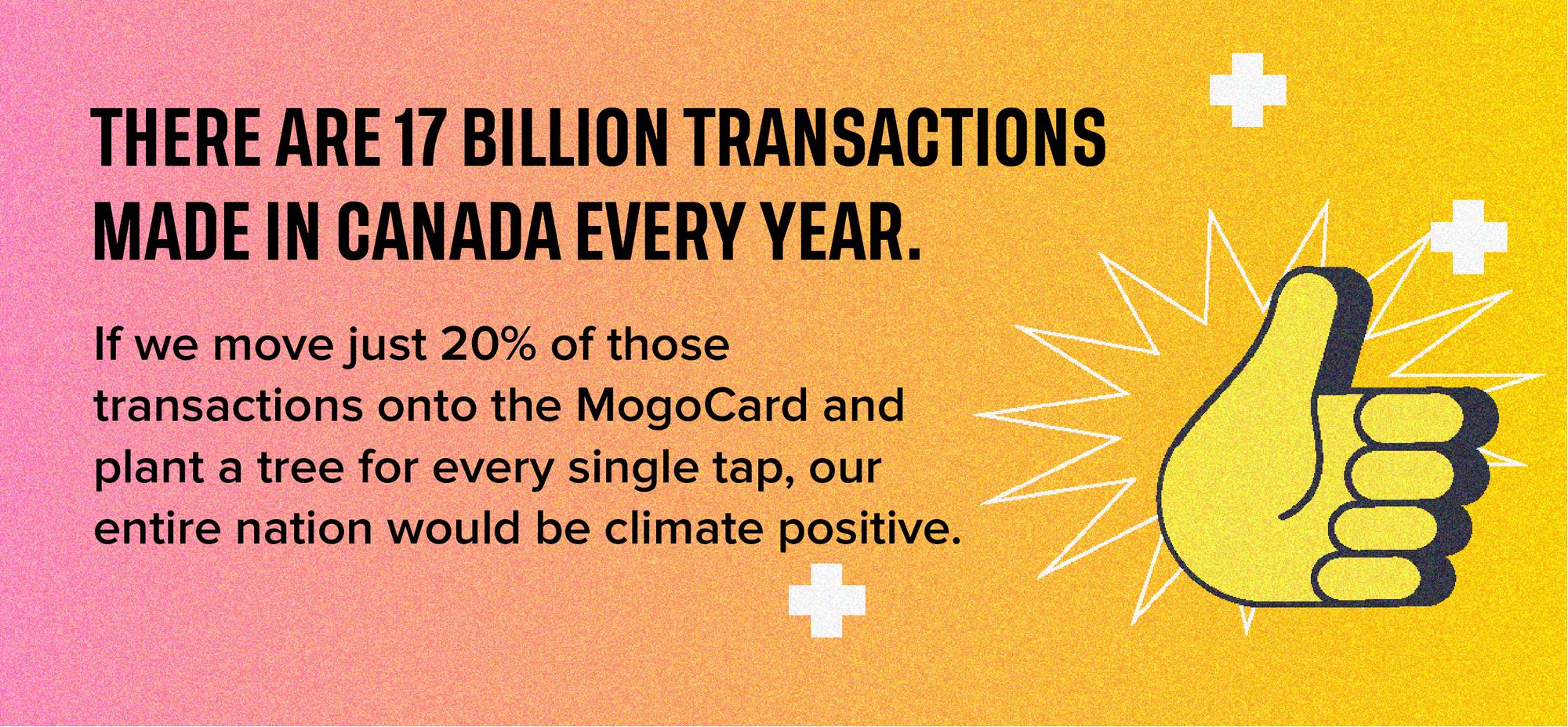 There are approximately 17 billion transactions carried out in Canada every single year. If we move just 20% of those transactions onto the MogoCard and plant a tree for every single tap, our entire nation would be climate positive.