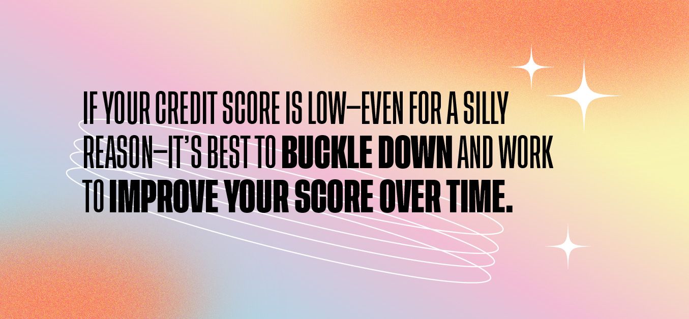 If your credit score is low—even for a silly reason—it’s best to buckle down and work to improve your score over time.